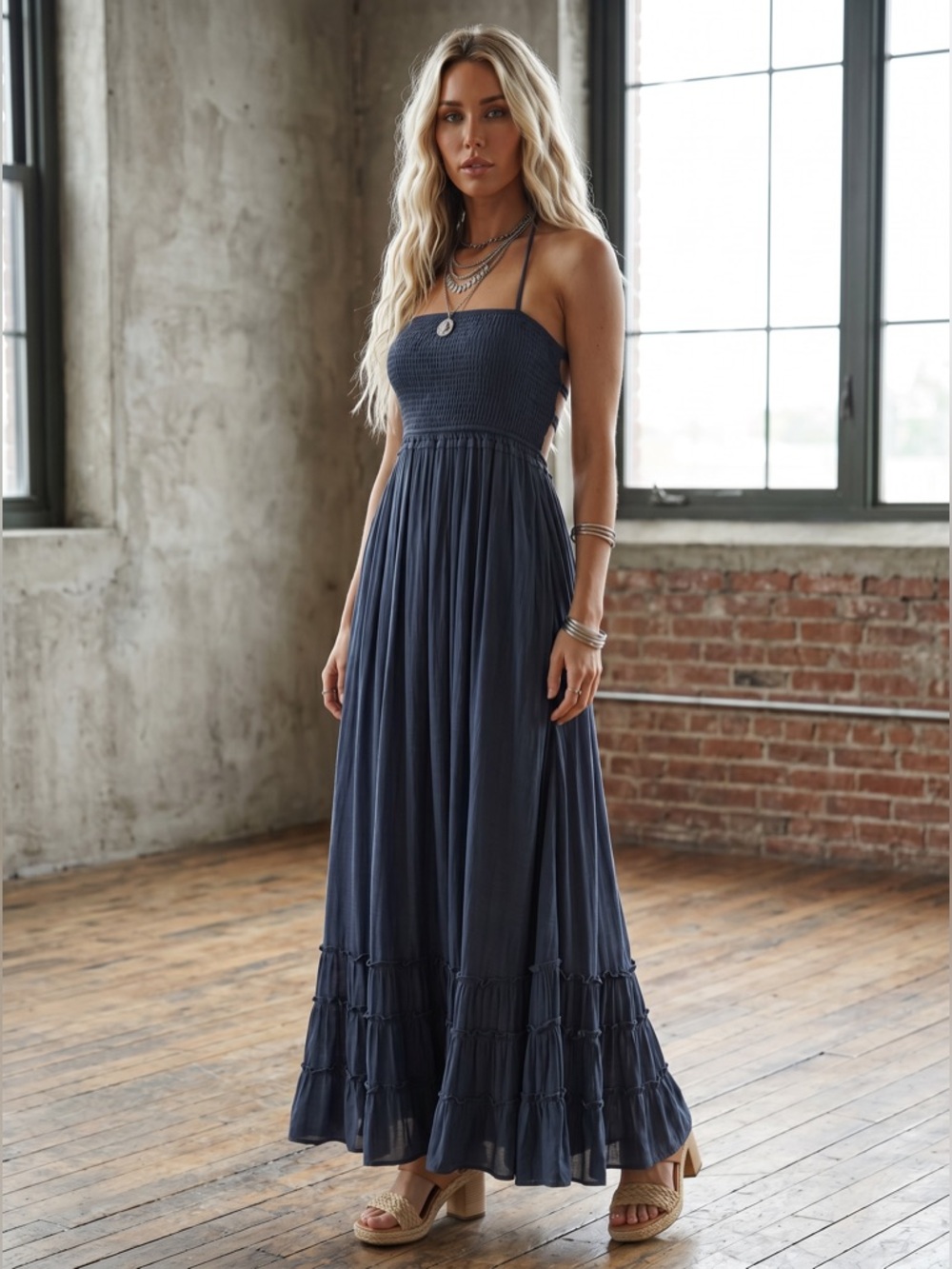 NWT Tiered Boho Smocked Halter Strappy Back Maxi Dress Navy Blue - Picture 4 of 8